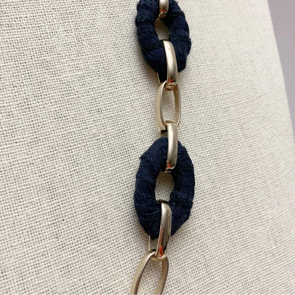 Ann Taylor navy blue gold cloth wrapped chunky chain nautical necklace coastal